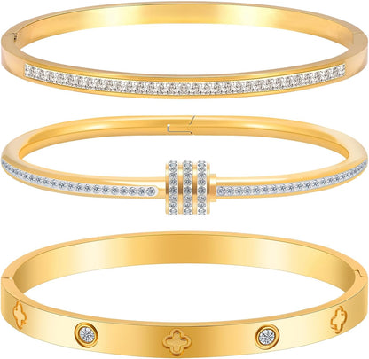 Gold Bracelets for Women - Stackable Bangles with Love & Friendship Theme - Stainless Steel Jewelry Gift for Her