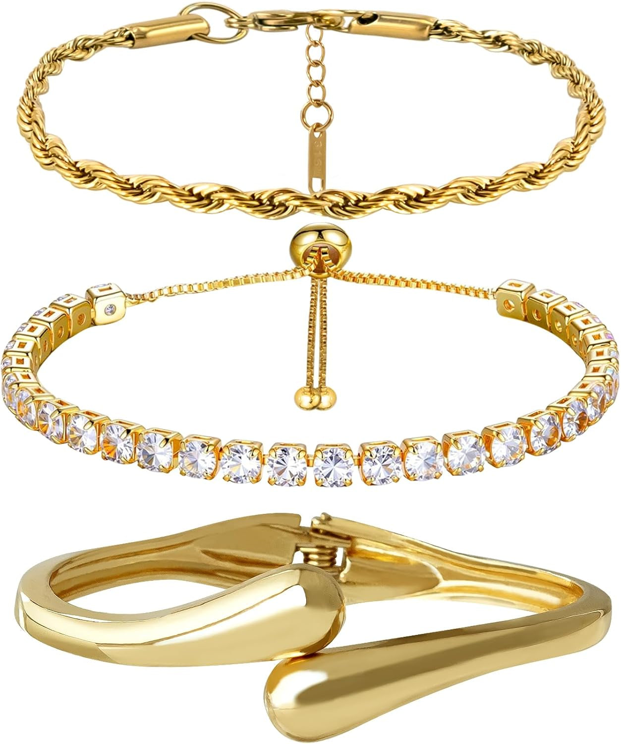 Gold stainless steel bangle with open heart charm