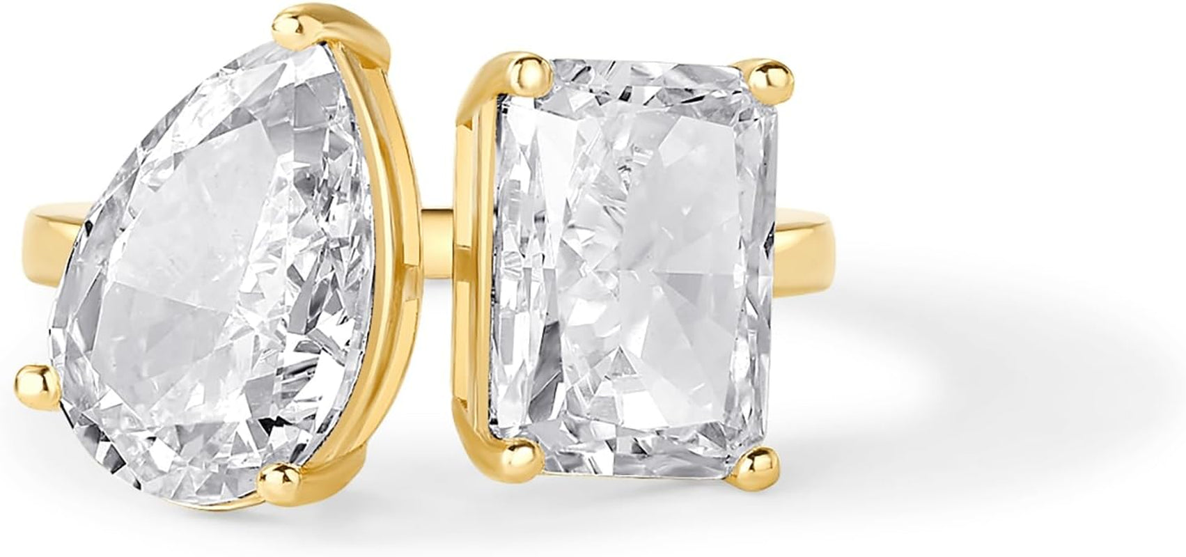 PAVOI 14K Gold Plated Toi Et Moi Radiant-Cut Pear-Shaped Cubic Zirconia Fake Wedding Engagement Ring for Women - Statement Promise Ring