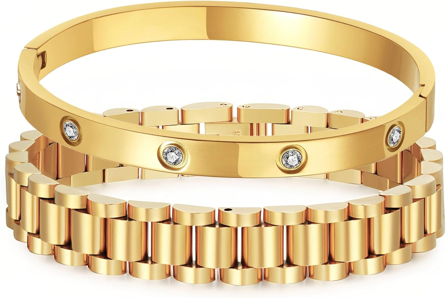 14K Gold Plated Bracelet Set for Women Love Friendship Bangle with Cubic Zirconia Stones Stainless Steel Bracelet Best Gifts for Women