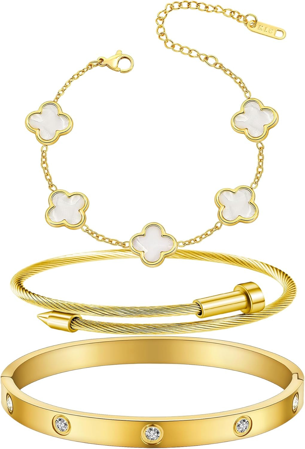 Womens Bracelet 18K Gold Plated Cuff Bangle Clover Bracelet Set for Women Four Leaf Lucky Bangle Jewelry Gift of Love