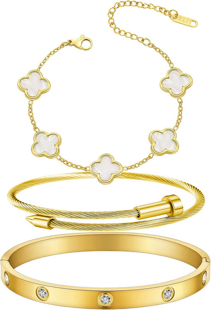 Womens Bracelet 18K Gold Plated Cuff Bangle Clover Bracelet Set for Women Four Leaf Lucky Bangle Jewelry Gift of Love