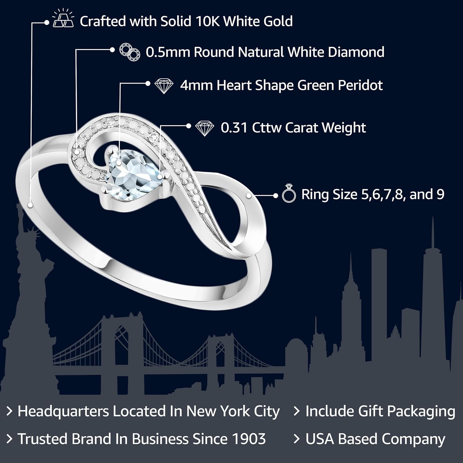 Gem Stone King Infinity Ring for Women | 10K White Gold | 4MM Heart Gemstone Birthstone and White Diamond Accent | Heart Shape Wedding Engagement Anniversary Promise Ring for Women