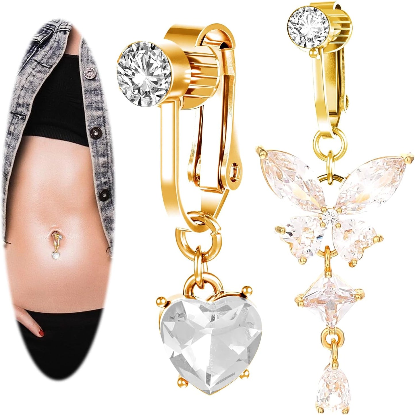 2Pcs Gold Clip on Fake Belly Button Piercing for Women - Crystal Butterfly Heart Shaped Non Piercing Belly Button Jewelry