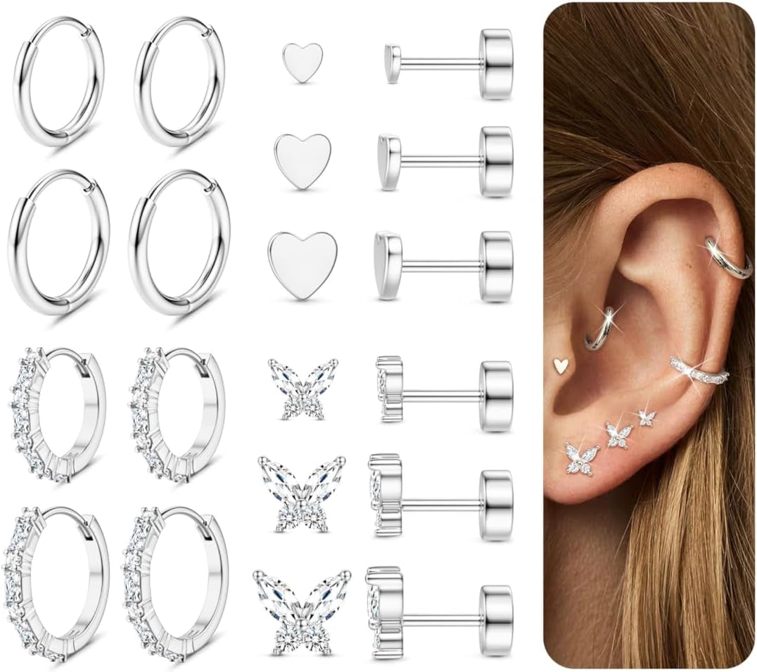 Jerywe Surgical Steel Flat Back Earrings Hypoallergenic 14K Gold Plated Cartilage Earrings for Women Trendy Small Hoop Stud Earring Stacks Flatback Stud Earring Set Helix Conch Tragus Piercing Jewelry