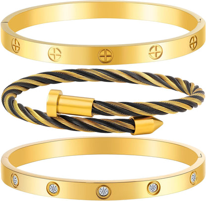 Gold Bracelets for Women - Stackable Bangles with Love & Friendship Theme - Stainless Steel Jewelry Gift for Her