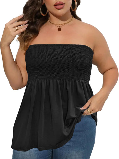 Comeon Women'S plus Size Tube Tops Strapless Blouse Pleated Sleeveless Stretchy Sleeveless Flare Hem Tube