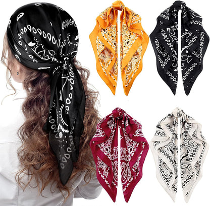 Syhood 4 Pcs 27'' Square Satin Head Scarves Satin Bandanas for Women Halloween Headband Silk Feeling Scarves Boho Headwear