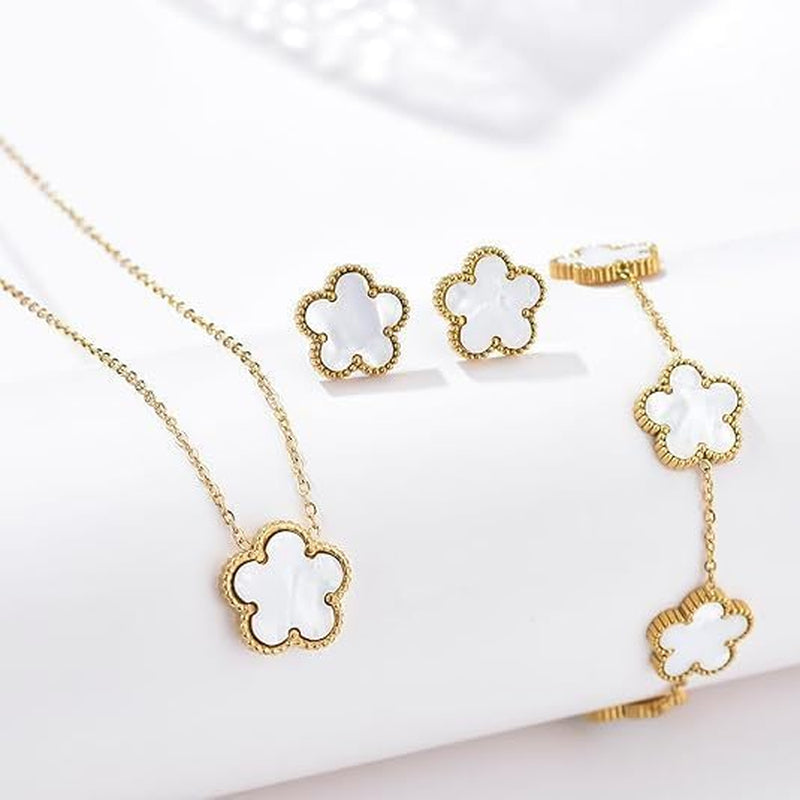 Ladies Clover Lucky Necklace Earrings Bracelet Set 18K Gold-Plated Stainless Steel Flower Reversible Jewelry Set Fashion Women Jewelry