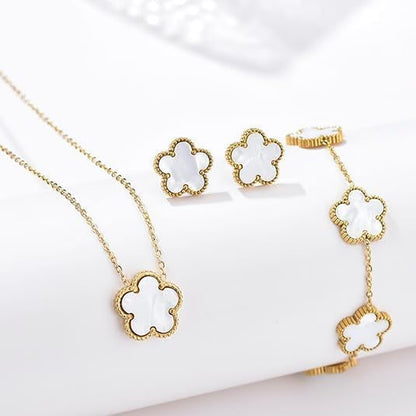 Ladies Clover Lucky Necklace Earrings Bracelet Set 18K Gold-Plated Stainless Steel Flower Reversible Jewelry Set Fashion Women Jewelry