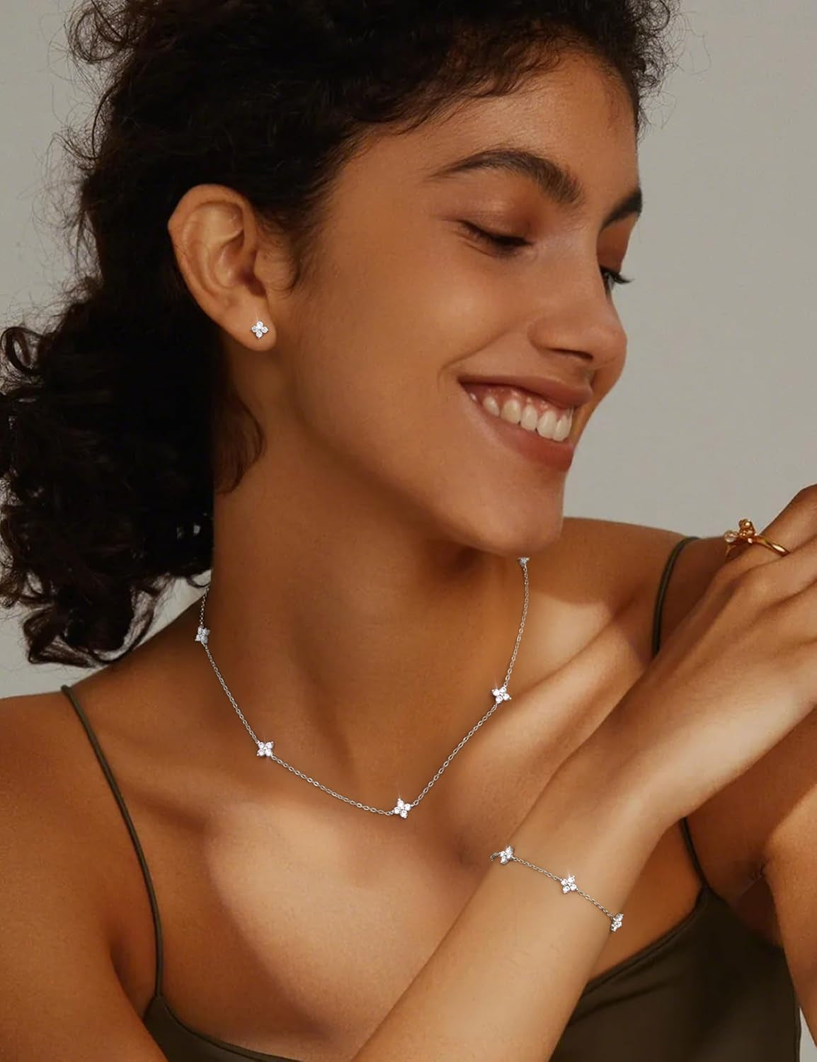 ORAZIO Dainty Silver Gold Jewelry Set for Women Trendy 14K Gold Plated CZ Flowers Pendant Choker Necklaces for Women Stud Earrings Clover Link Bracelets Stack Jewelry Gifts for Wedding Prom Brides