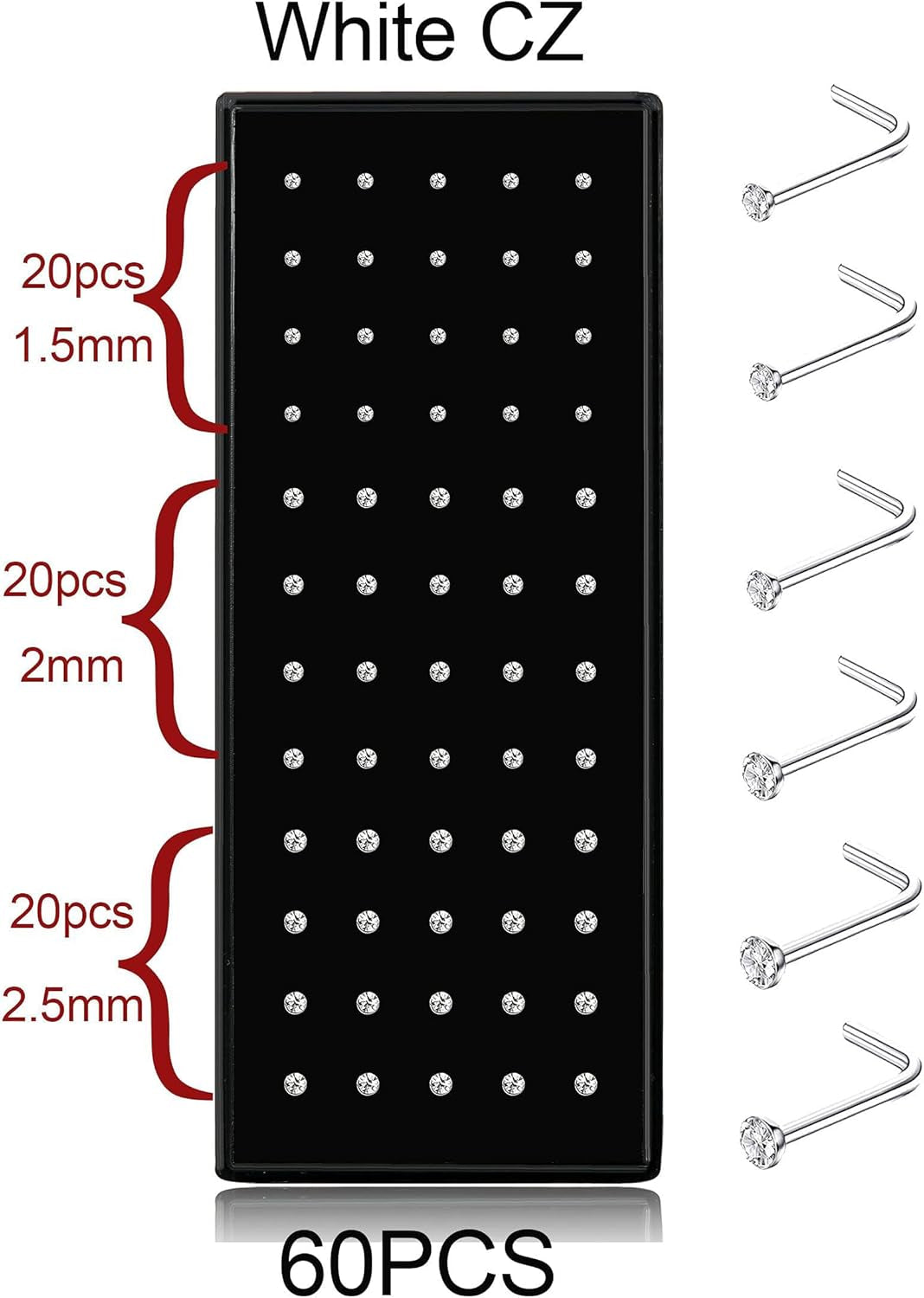 THUNARAZ Straight L Shaped Stainless Steel Nose Studs Rings Piercing Pin Body Jewelry 20G-22G 1.5Mm 2Mm 2.5Mm