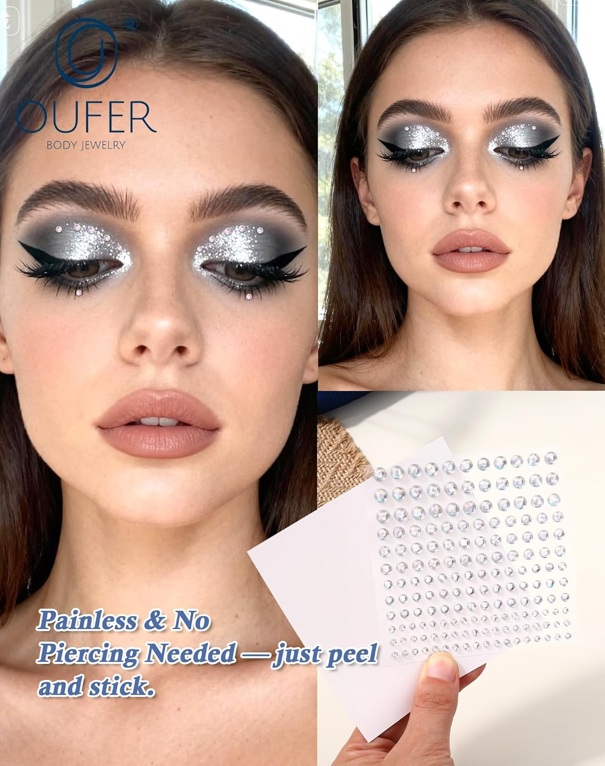 OUFER Stick on Acrylic Fake Piercings, Fake Lip Studs Eyebrow Piercing, Fake Face Piercing Nose Stud Non-Piercing Kit Piercing Balls Adhesive Face Jewelry