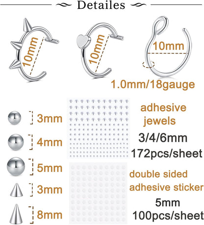 Longita Fake Lip Ring and Nose Piercing Set - Ball Spike, Hoop, Stud, Stick-On Bridge and Eyebrow Ring - Silver, Gold, Black