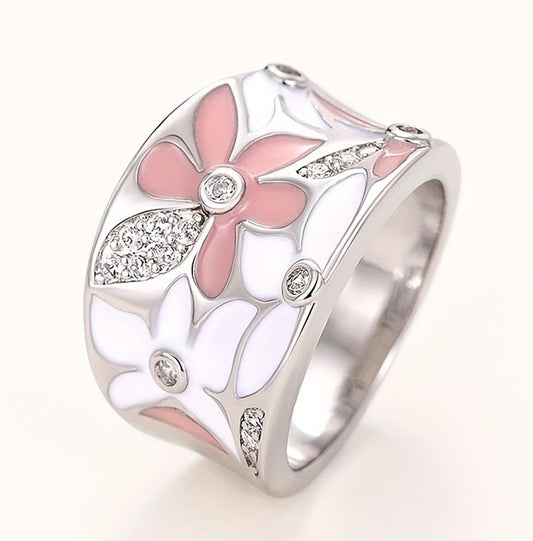 White gold plated flower statement ring cubic zirconia boho