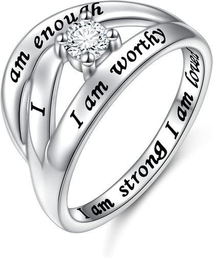 DAOCHONG 925 Sterling Silver I Am Enough I Am Worthy I Am Strong I Am Loved Ring for Women