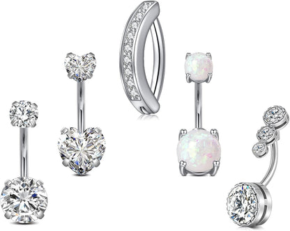 JFORYOU Belly Button Rings Stainless Steel 14G CZ Opal Navel Rings Barbells Women Girls Belly Piercing Jewelry