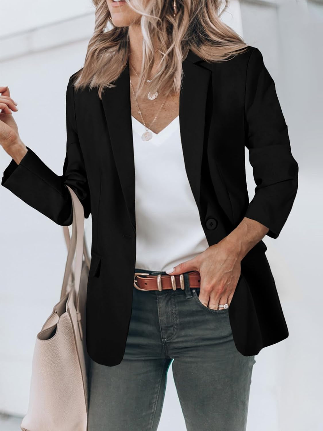Cicy Bell casual blazer styled with leggings and sneakers