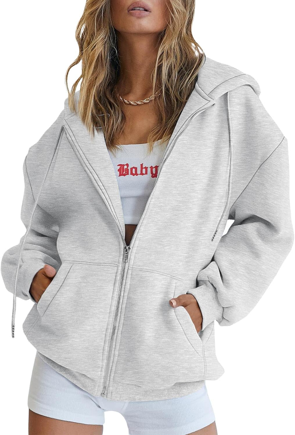 EFAN women's oversized zip up hoodie in neutral color with drawstring
