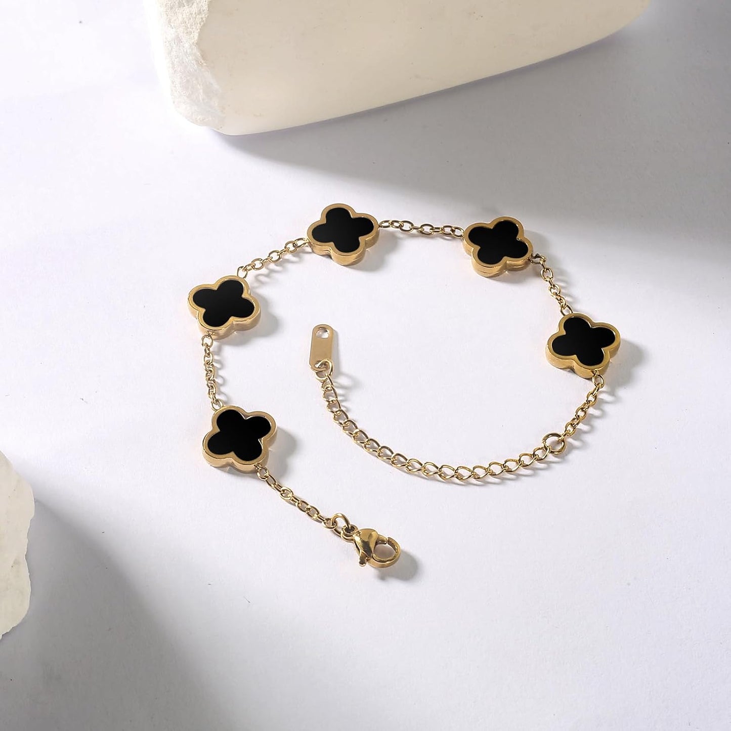 Double Sided 18K Gold Plated Clover Bracelet for Women, Dupe Four Leaf Flower Lucky Chain Bangle, Cute Jewelry Gift for Her Mom Wife