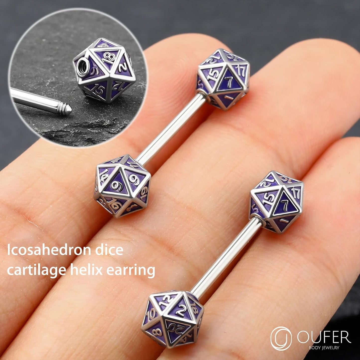 OUFER 2PCS Icosahedron Dice Nipple Rings, 14G 316L Surgical Steel Nipple Barbells, Nipple Jewelry for Women