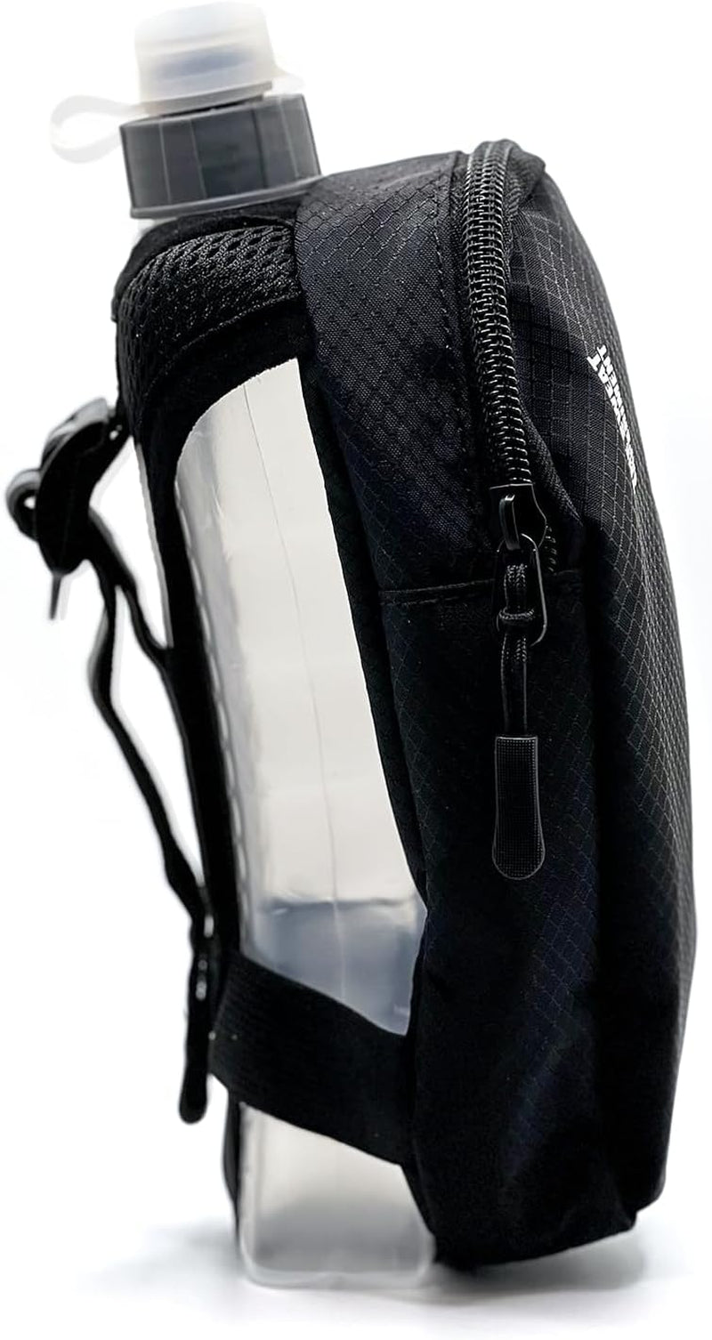 Handheld hydration flask with full storage pockets open display