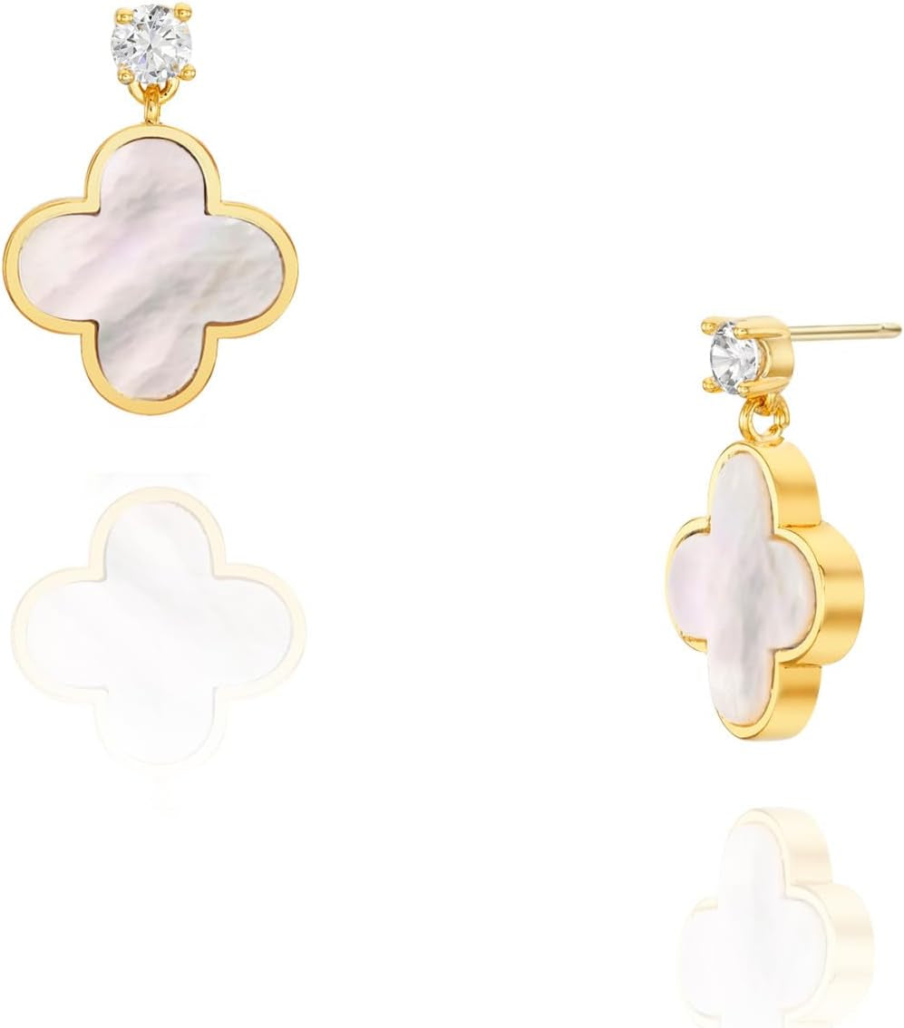 Unique Earrings for Women Trendy, 14K Gold Plated Four Leaf Clover Heart Butterfly Stud Dangle Earrings, Black Onyx White Huggie Earrings Birthday Christmas Valentine'S Day Jewelry Gifts