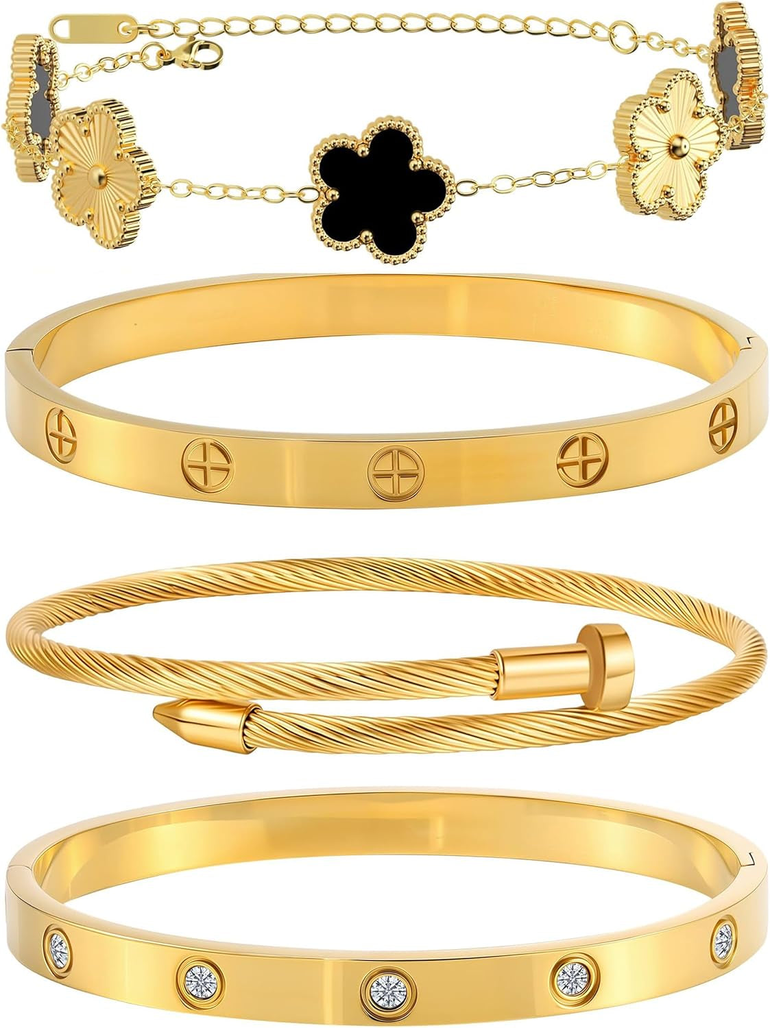 Gold Bracelets for Women-4Pcs/3Pcs,18K Gold Plated Bangle Tennis Bracelets Stack Set for Women Trendy Non Tarnish Stainless Steel Gold Bangles Accessories Designer Jewelry