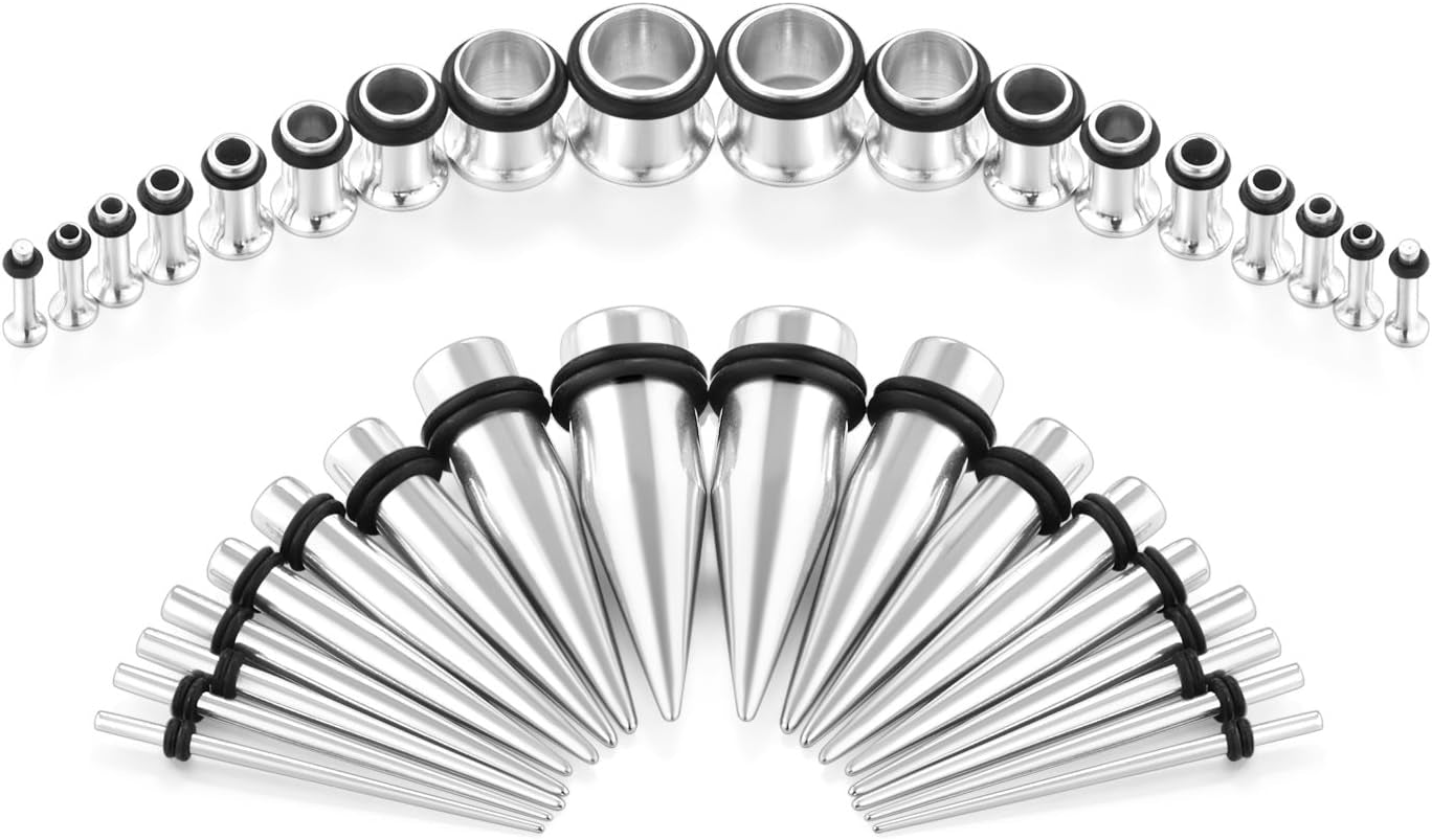 Vcmart 14G-00G 36 Pcs Ear Gauges Stretching Kit Tapers Plugs Eyelets Implant Grade Steel