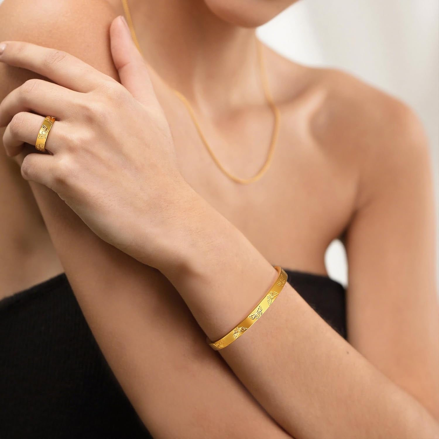 Gold Silver Butterfly Clover Bracelet Ring Set, Stainless Steel Cuff Bangle Jewelry Dainty Love Design for Women Wedding Birthday Gift