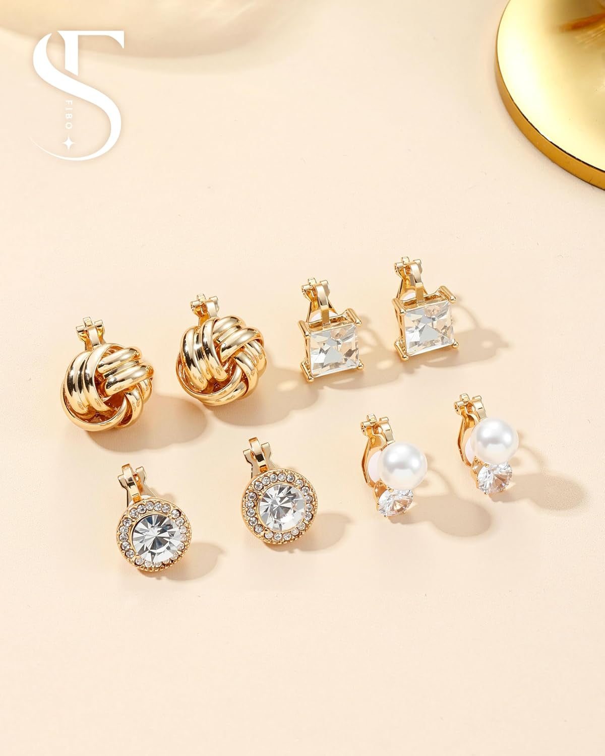 FIBO STEEL 10 Pairs Clip on Earrings for Women Non Pierced Ears CZ Pearl Knot Twist Chunky Hoop and Studs Earring Set Ear Clips Jewelry 14K Gold Plated