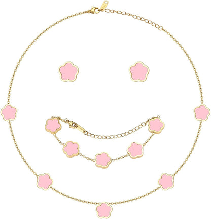 Double-Sided Clover Jewelry Set - 18K Gold Plated Flower Design Five Leaf Clover Bracelet Pendant Necklace and Stud Earrings for Women.Lucky Gifts for Mom Wife Daughter Friends