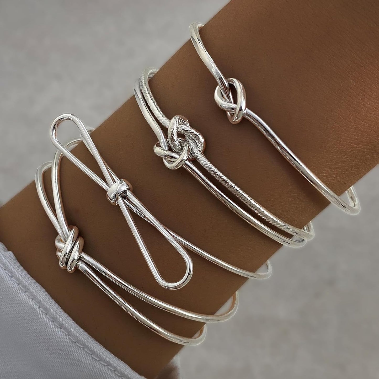 Silver Knot Bangle Bracelets for Women Dainty Knot Cuff Bangle Bracelet Set Adjustable Open Love Knot Bracelet Non Tarnish Waterproof Jewelry