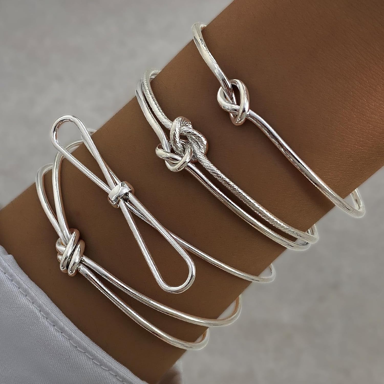 Silver Knot Bangle Bracelets for Women Dainty Knot Cuff Bangle Bracelet Set Adjustable Open Love Knot Bracelet Non Tarnish Waterproof Jewelry