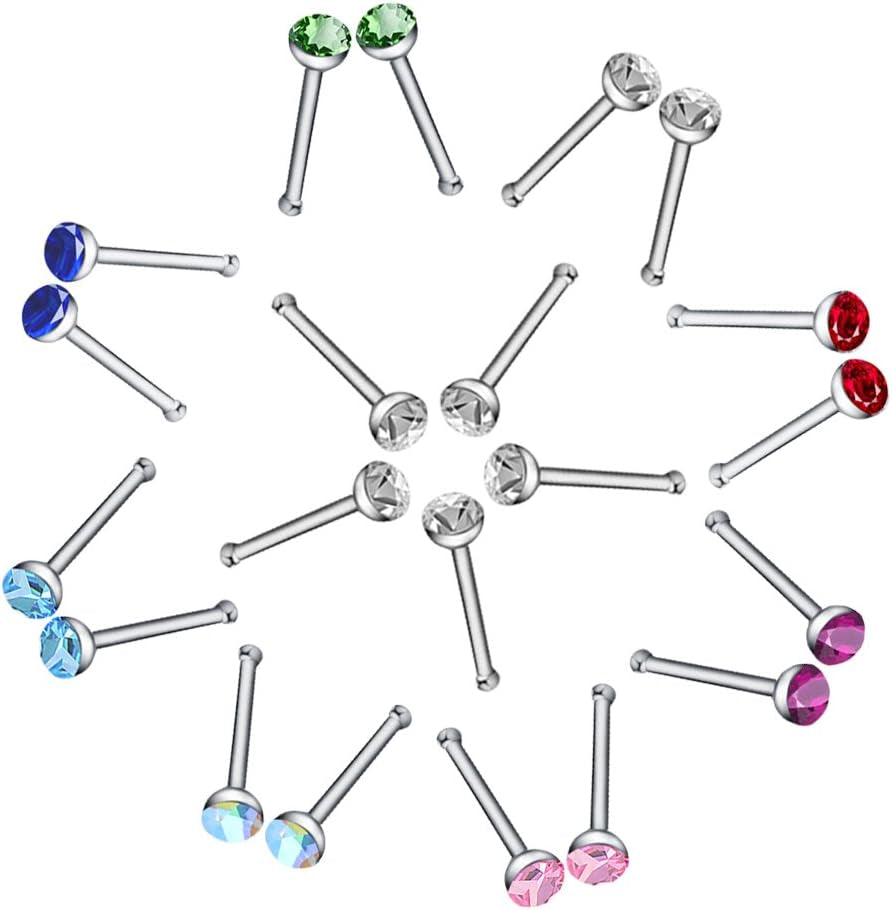 2 Sets 120 Pcs Stainless Steel Nose Ring Body Piercing Jewelry Nose Bone Stud Nose Hoop Crystal Hypoallergenic White+Multicolor