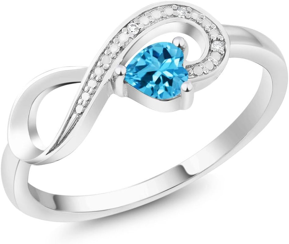 Gem Stone King Infinity Ring for Women | 10K White Gold | 4MM Heart Gemstone Birthstone and White Diamond Accent | Heart Shape Wedding Engagement Anniversary Promise Ring for Women