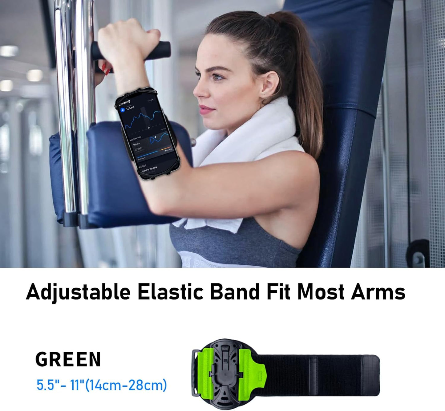 Phone armband showing adjustable wrist strap for 5.5 to 11 inch wrists