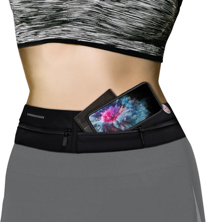 Black slim running belt waist pack with phone compartment worn by runner