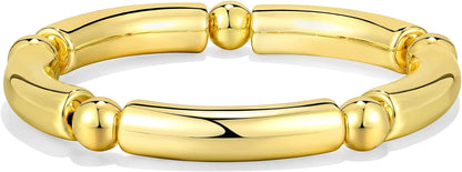 Gold Chunky Bangles Bracelets for Women 14K Gold Plated Stack Layered Curved Bamboo Tube Stretch Bracelets Gift Jewelry