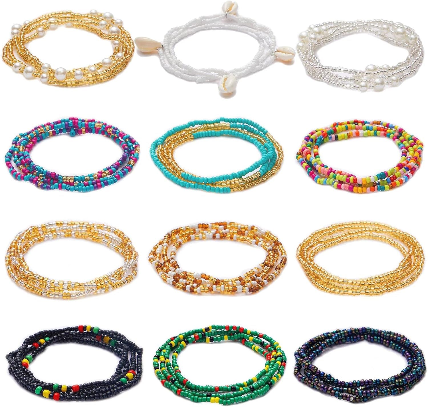 12PCS 24-70 Inches plus Size Waist Beads Chains for Women Handmade African Belly Beads Layered Body Chain Beach Bikini Jewelry