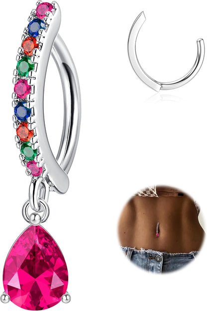 FIBO STEEL 14G Clicker Belly Rings 316L Surgical Steel Dangle Belly Button Ring CZ Teardrop Pendant Navel Rings Barbell Body Piercing Jewelry