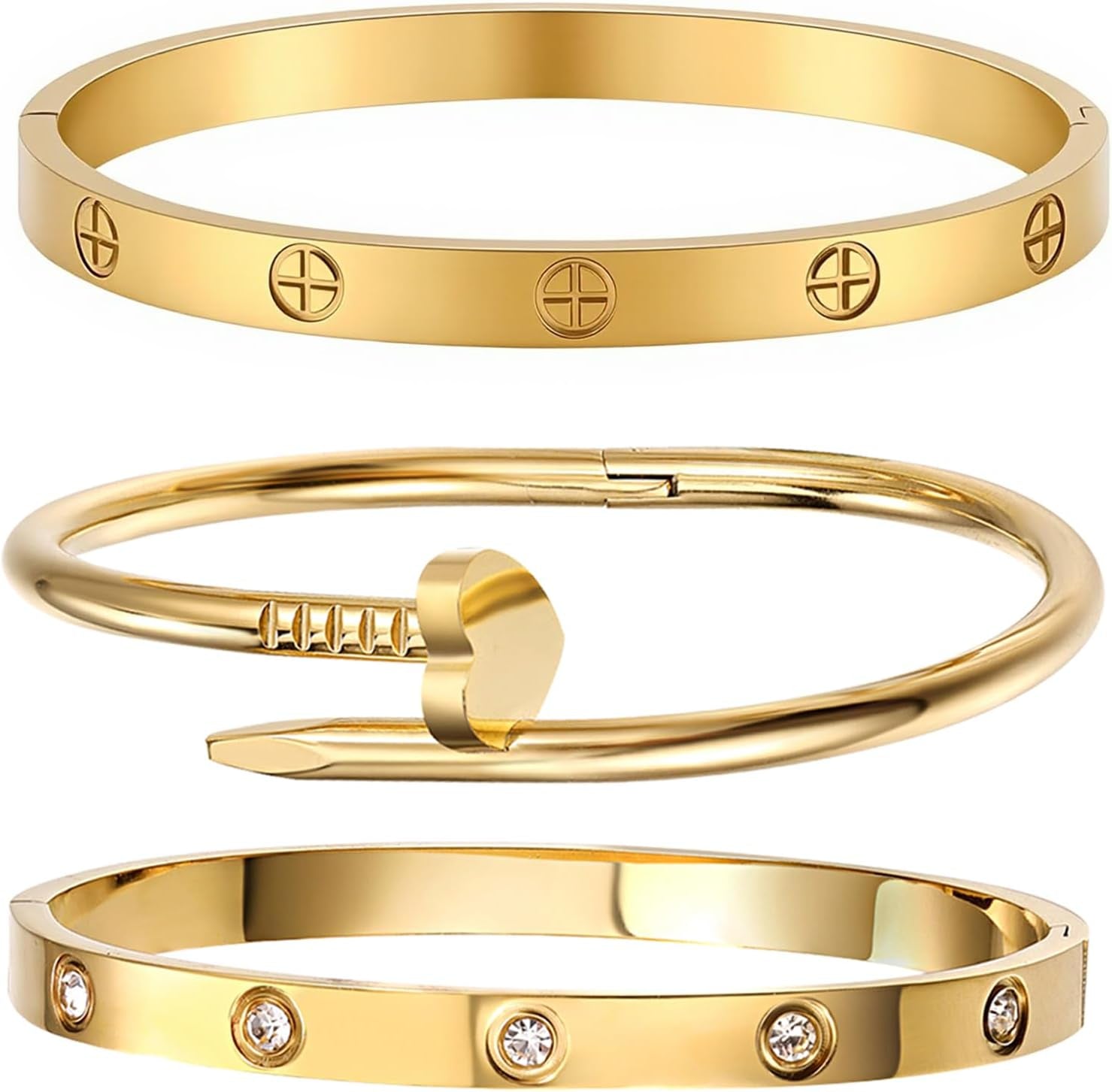 18K Gold Plated Stainless Steel Love Nail Bangle Clover Bracelet Set Stackable Dupes for Love Trendy Jewelry
