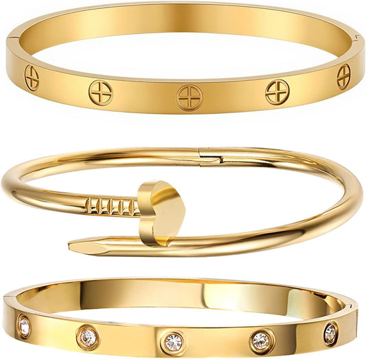 18K Gold Plated Stainless Steel Love Nail Bangle Clover Bracelet Set Stackable Dupes for Love Trendy Jewelry