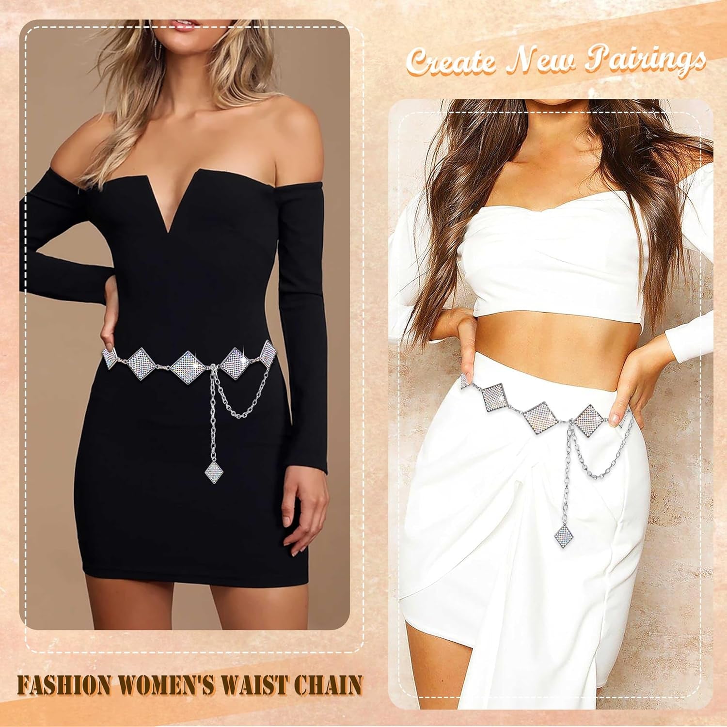 Bling Rhinestone Concho Belt for Women Dazzled Chain Belt Silver Rhombus Western Sparkly Crystal Belt for Dress