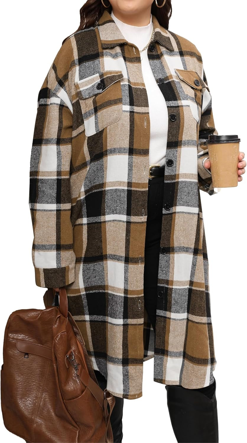 Women's plus size plaid flannel shacket in oversized fit
