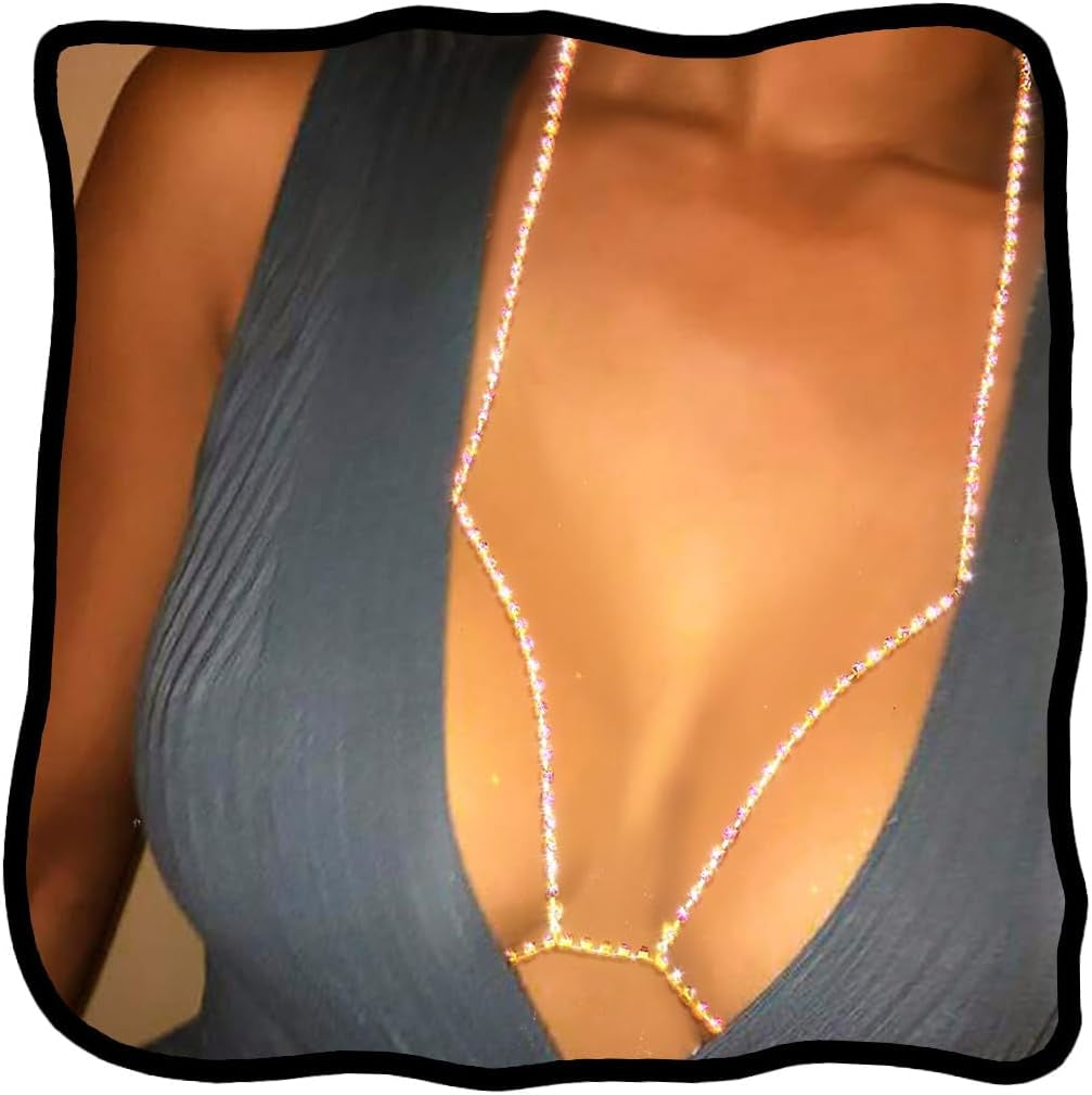 Woeoe Rhinestone Chain Bra Crystal Body Chains for Women Necklace Sexy Bikini Nightclub Body Chain Jewelry