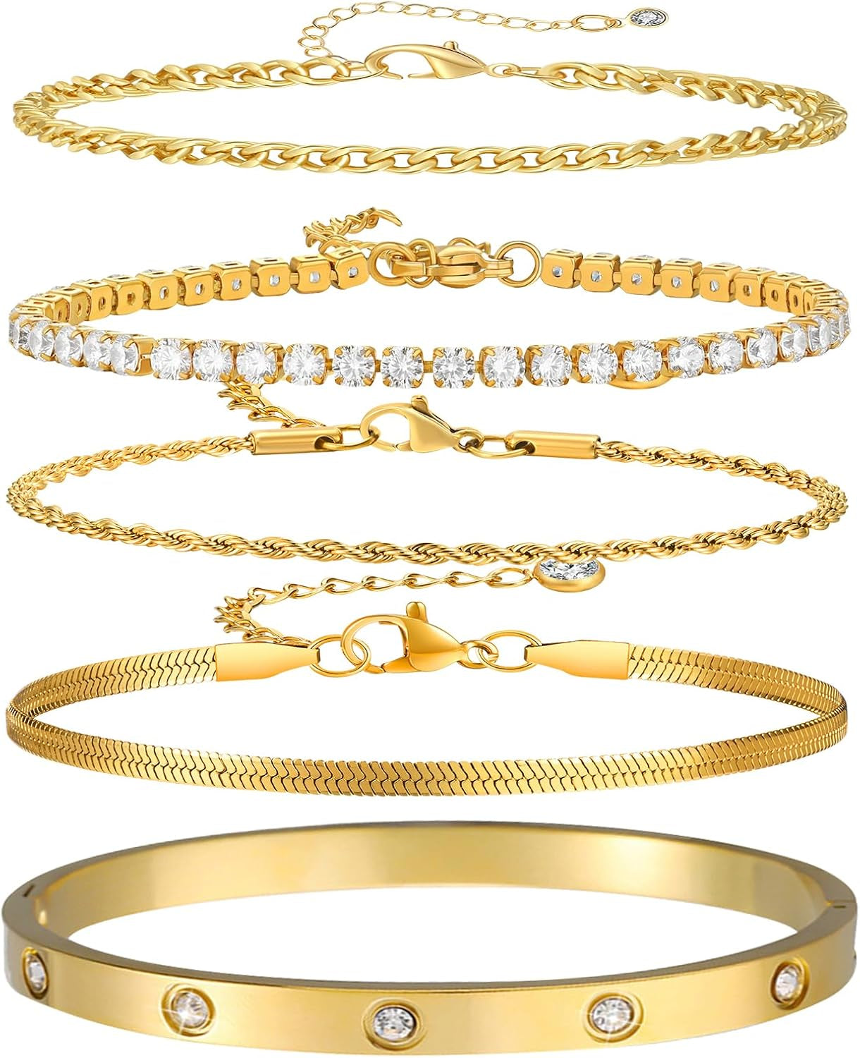 5Pcs Gold Bracelets for Women Trendy,Dainty 14K Real Gold Plated Jewelry Sets for Women,Waterproof,Thin Small Cute Chain Bracelets,Fashion Accessories Jewelry Gifts for Women Adjustable 7"+2"