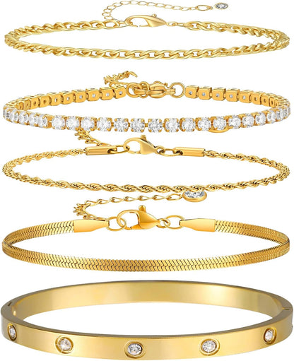 5Pcs Gold Bracelets for Women Trendy,Dainty 14K Real Gold Plated Jewelry Sets for Women,Waterproof,Thin Small Cute Chain Bracelets,Fashion Accessories Jewelry Gifts for Women Adjustable 7"+2"