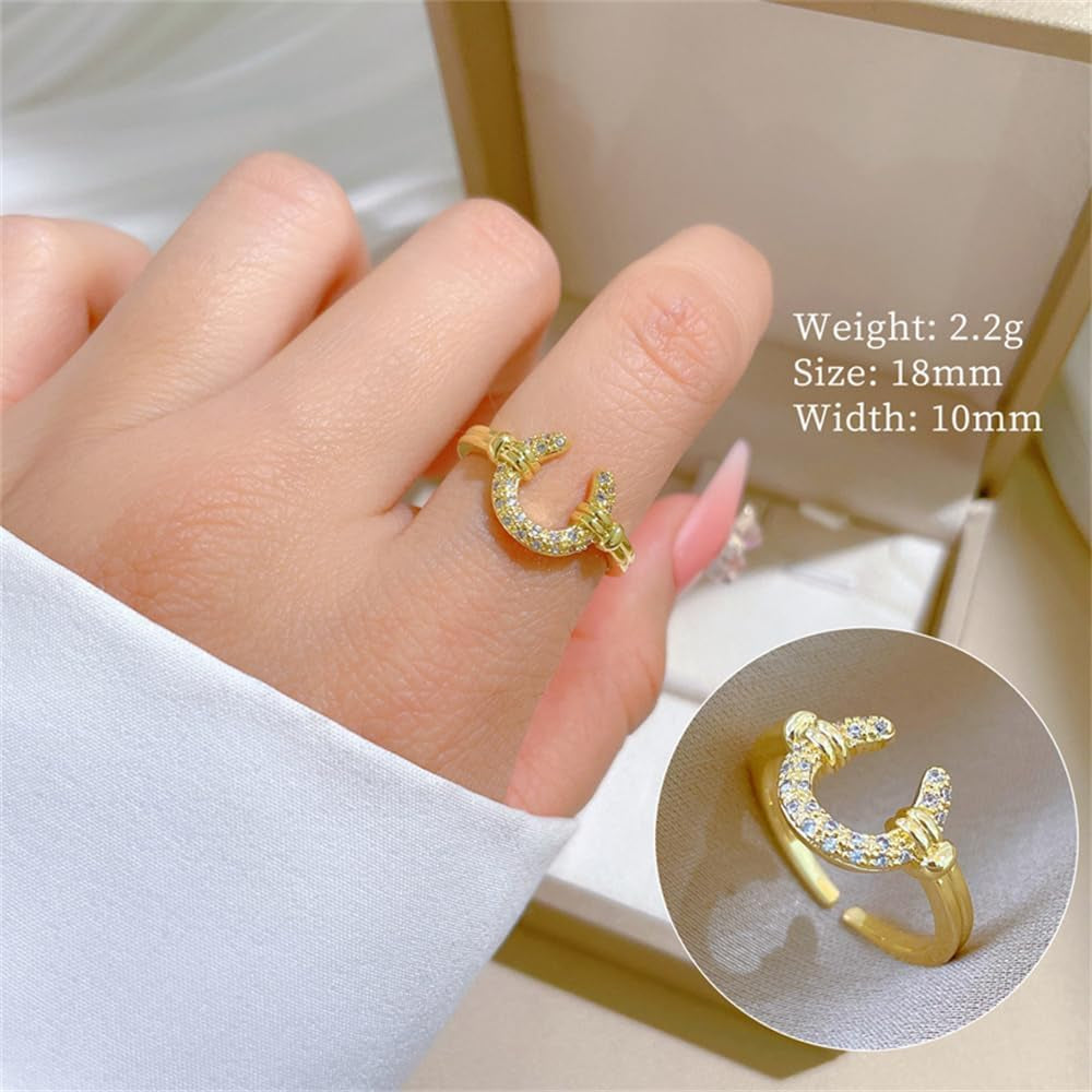 Dtja Dainty CZ Horseshoe Adjustable Ring for Women 14K Gold Plated Stainless Steel Crystal Love U Statement Open Band Finger Rings Comfort Fit Fashion Cute Birthday Anniversary Jewelry Gift