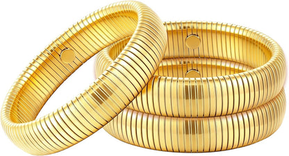 Woman wearing three gold plated stretch bangles stacked